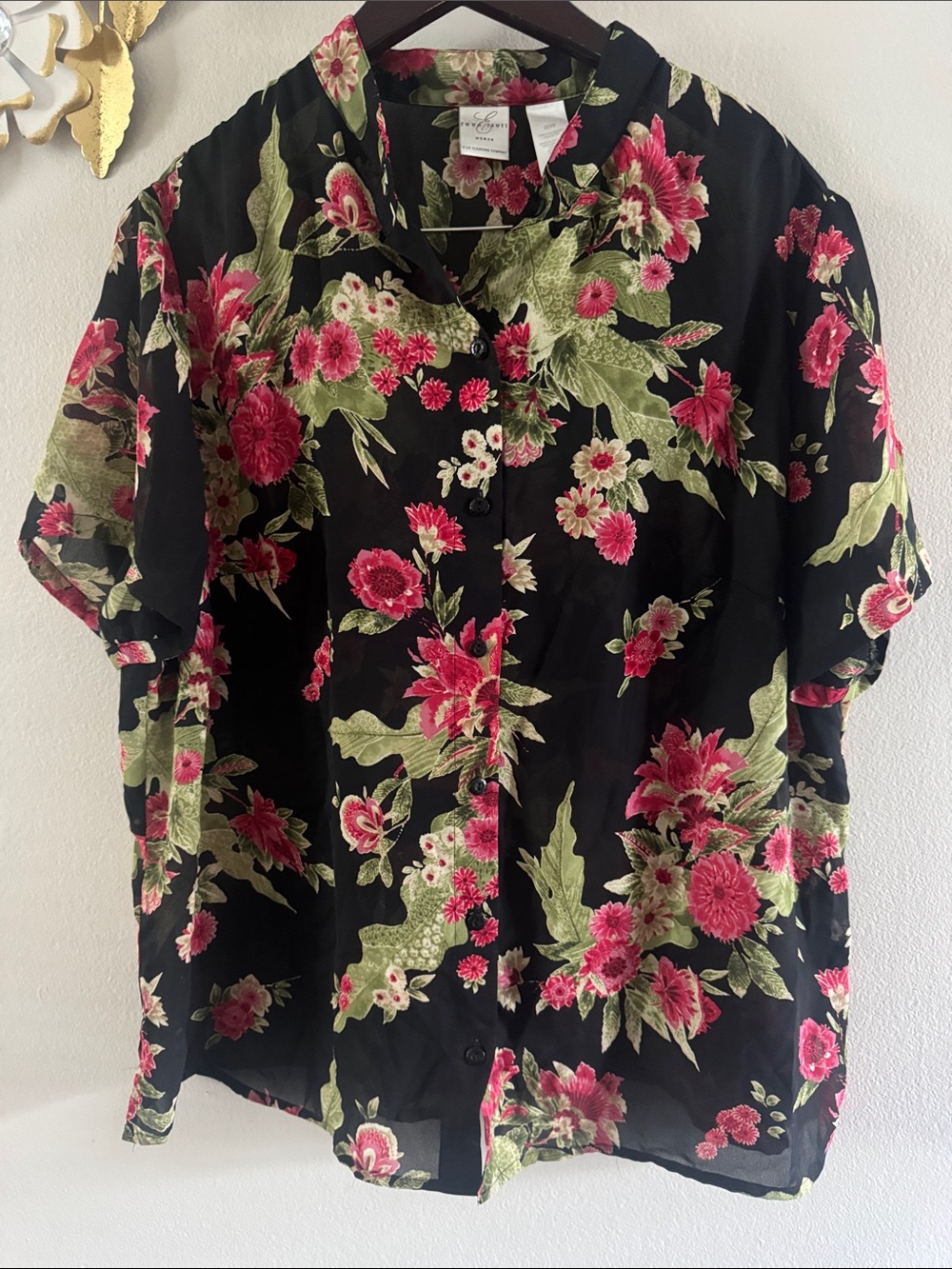Emma James Black Short-Sleeve Button-Down with Pink & Green Floral Print